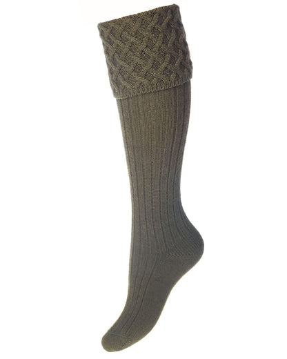 Dark Olive coloured House of Cheviot Lady Rannoch Socks on field background 