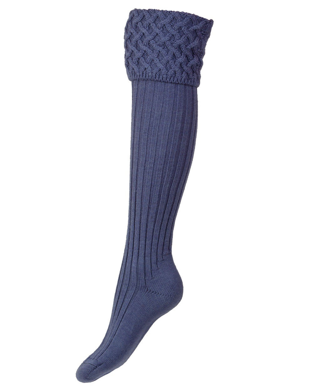 Denim coloured House of Cheviot Lady Rannoch Socks on white background 