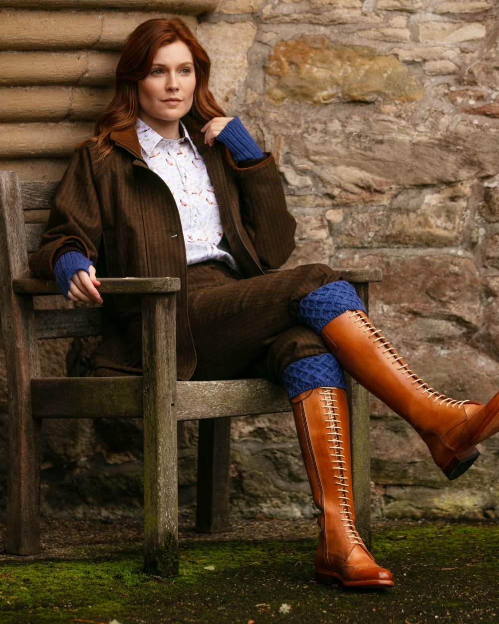 Denim coloured House of Cheviot Lady Rannoch Socks on outdoor background 