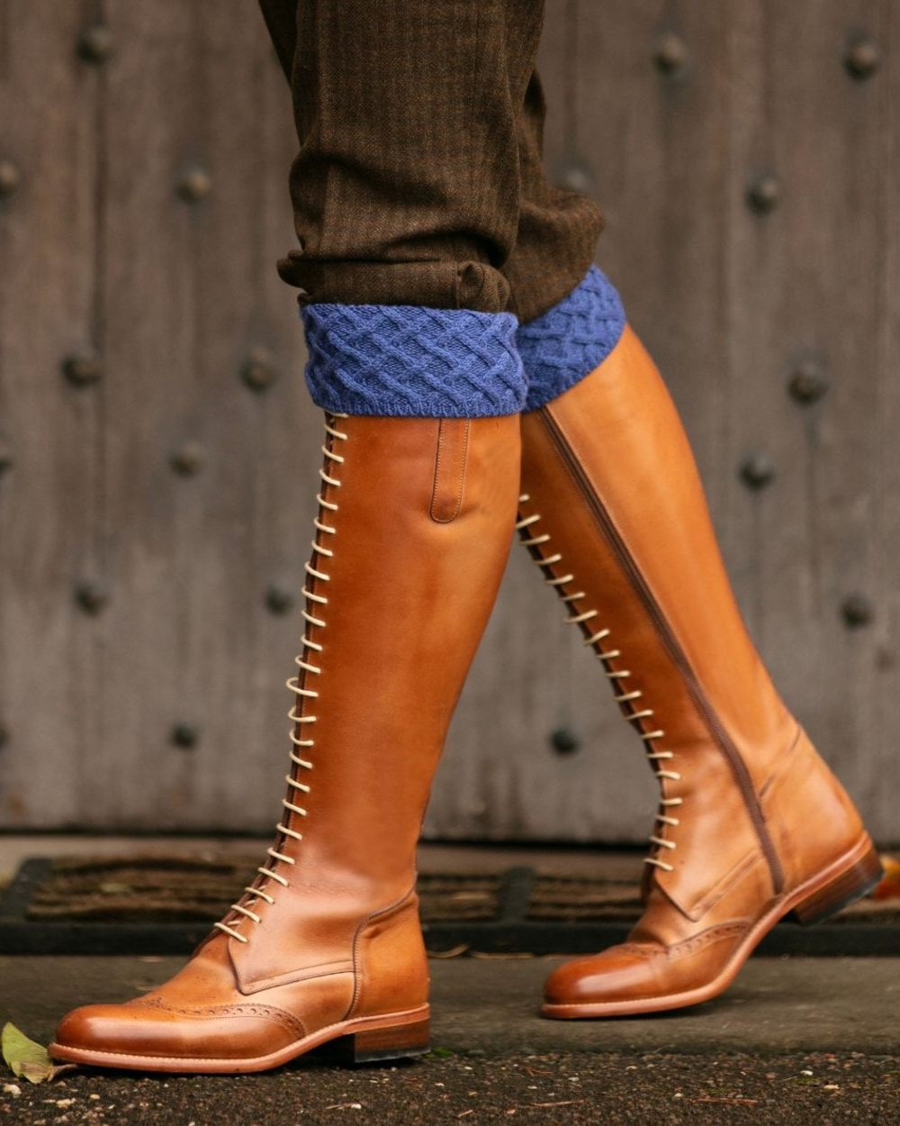 Denim coloured House of Cheviot Lady Rannoch Socks on outdoor background 