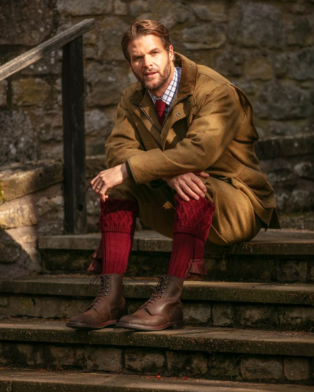 Brick Red coloured House of Cheviot Rannoch Socks on white background 