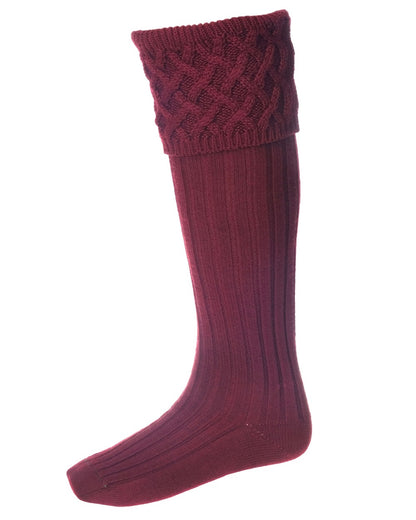 Burgundy coloured House of Cheviot Rannoch Socks on white background 