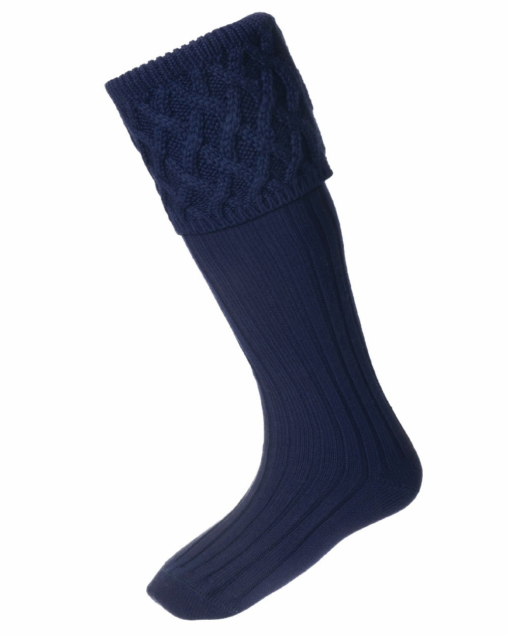 Navy coloured House of Cheviot Rannoch Socks on white background 