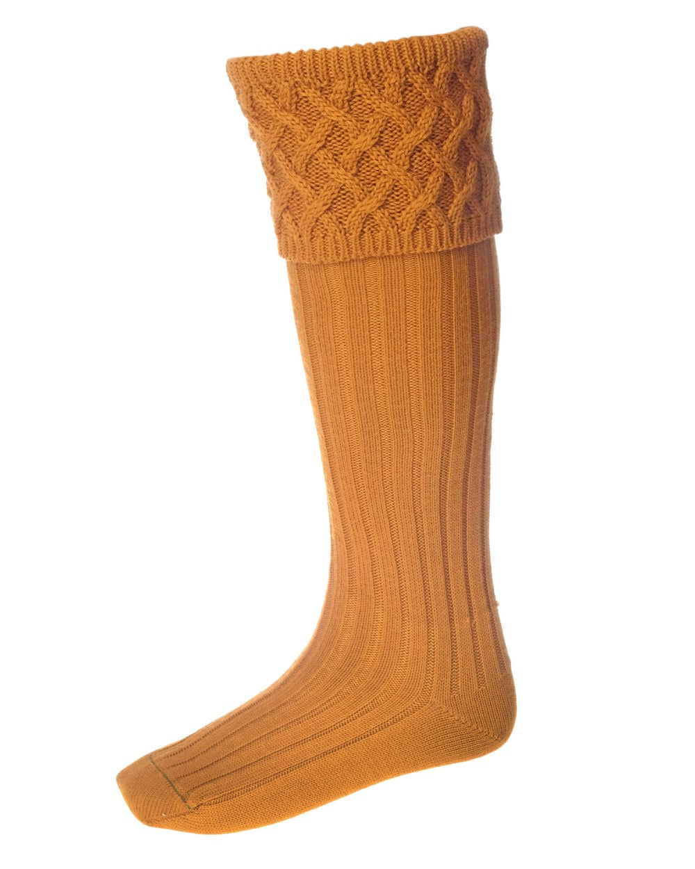 Ochre coloured House of Cheviot Rannoch Socks on white background 