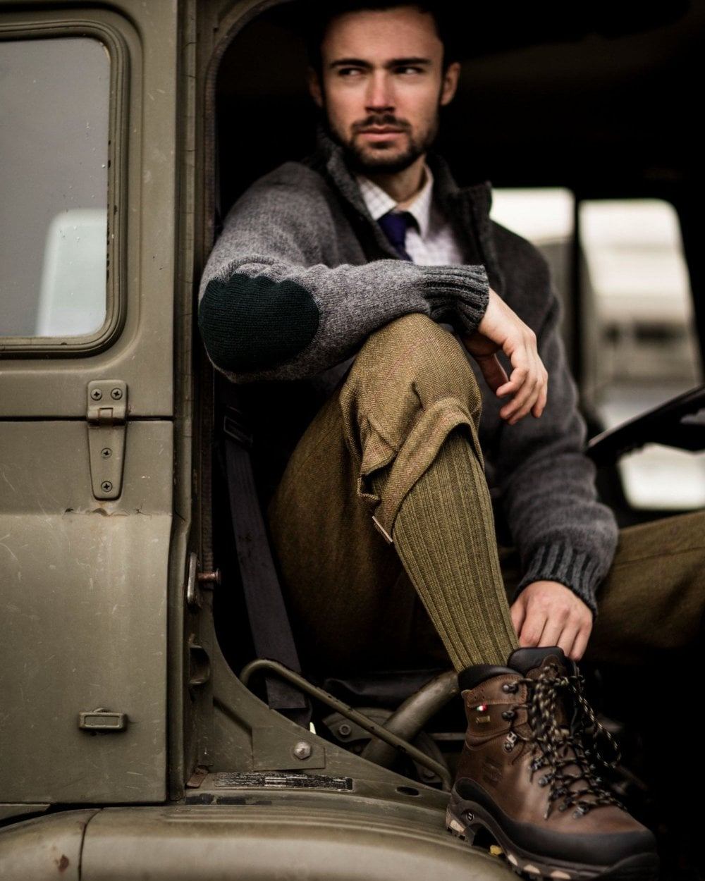 Bracken coloured House of Cheviot Scarba Socks on car background 