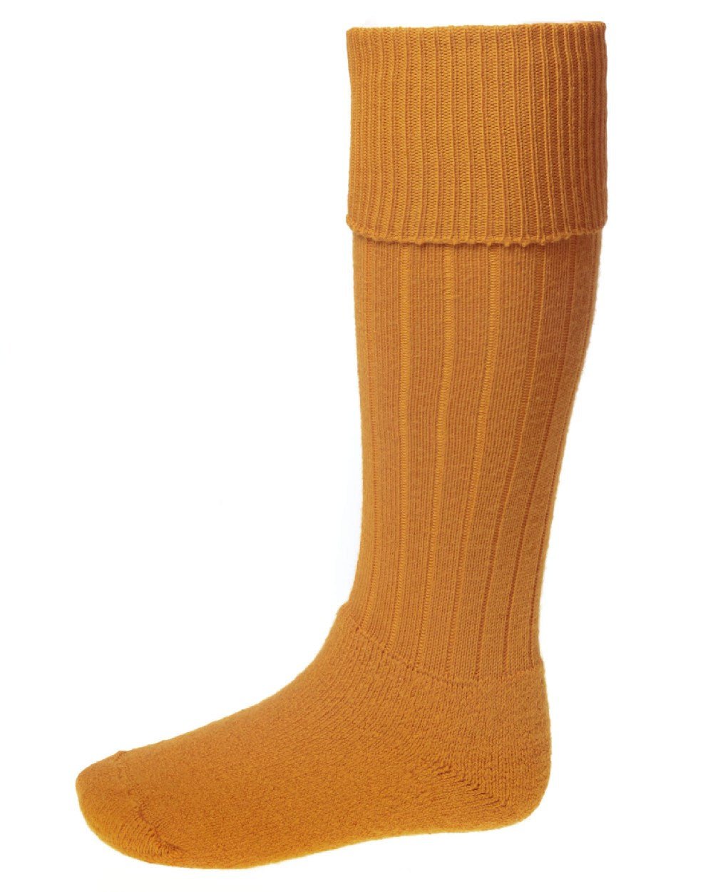 Ochre coloured House of Cheviot Scarba Socks on white background 