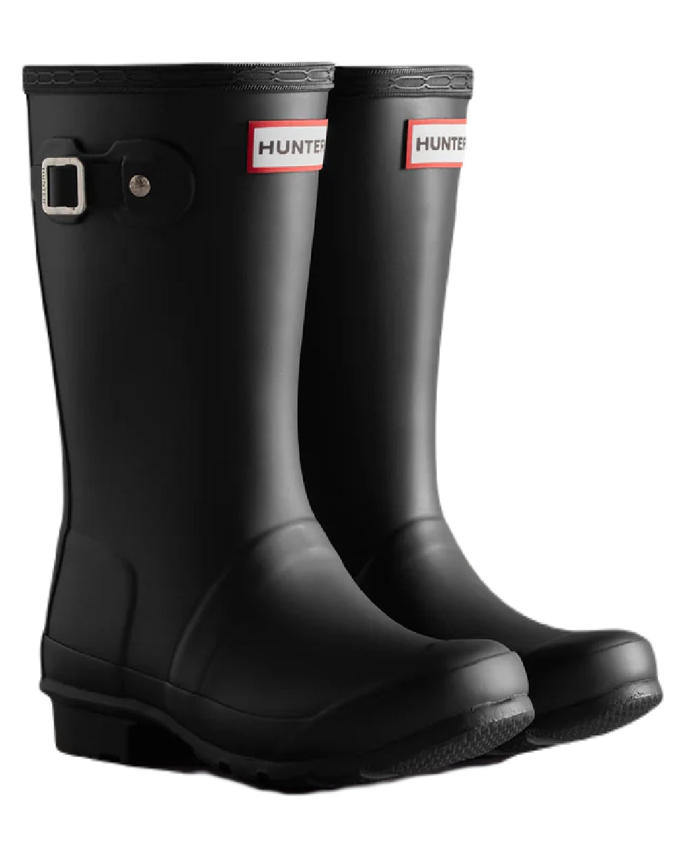 Black coloured Hunter Big Kids Original Wellington Boots on white background 
