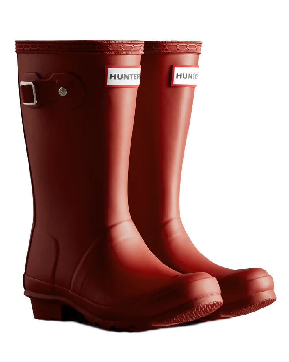 Military Red coloured Hunter Big Kids Original Wellington Boots on white background 