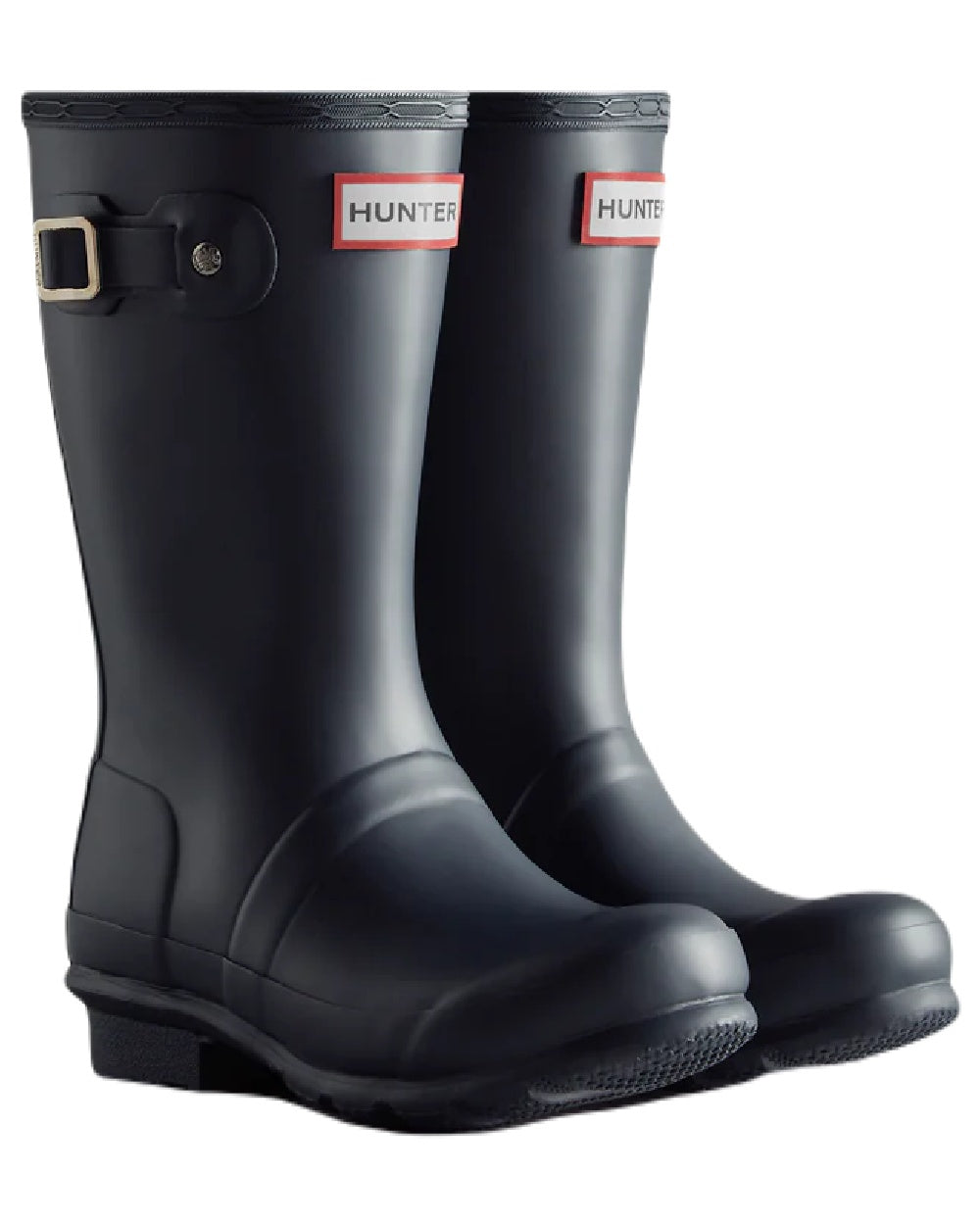 Navy coloured Hunter Big Kids Original Wellington Boots on white background 