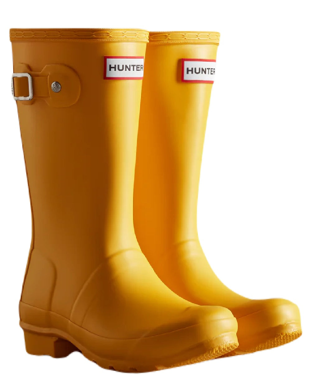 Yellow coloured Hunter Big Kids Original Wellington Boots on white background 