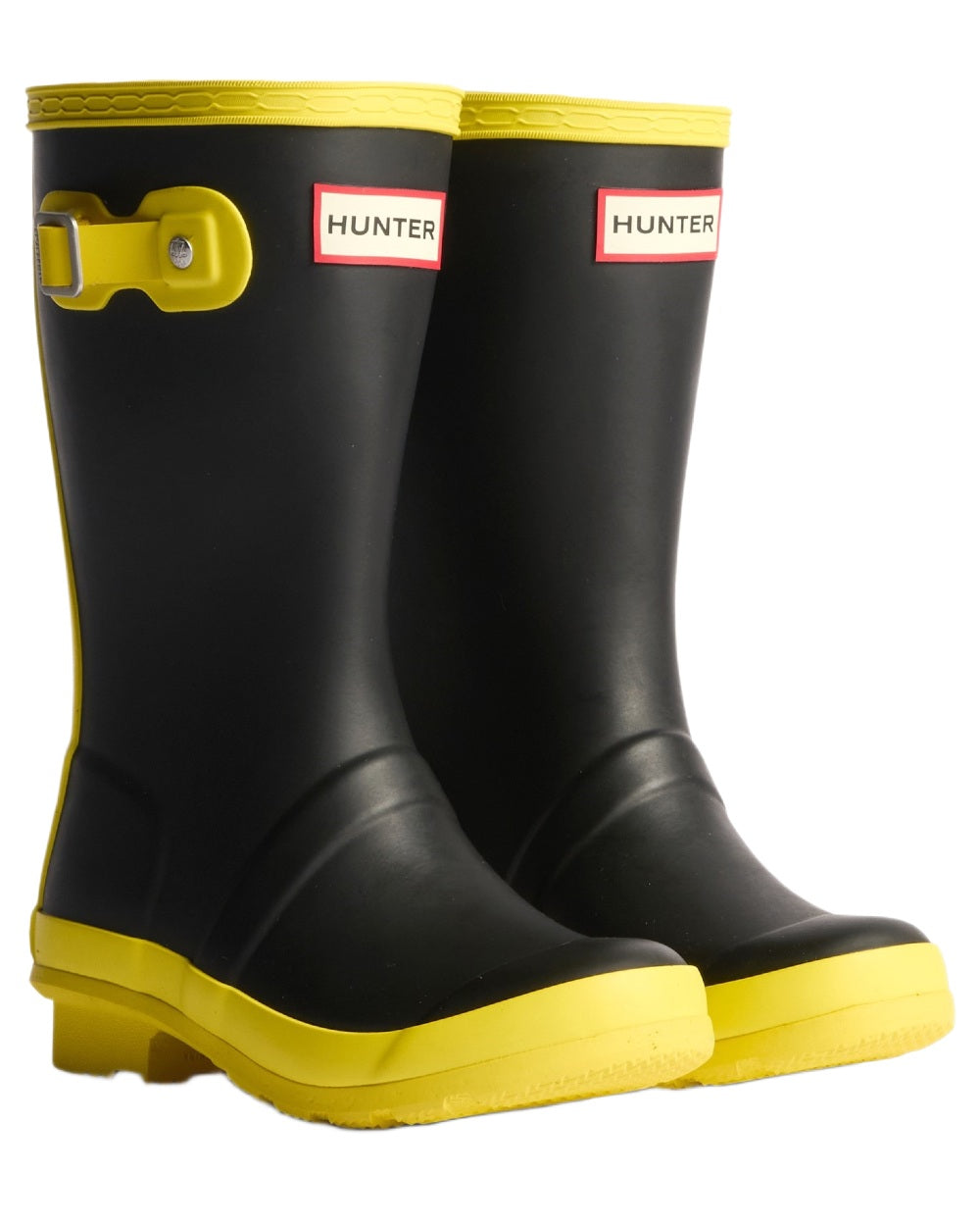 Black Illuminating Yellow coloured Hunter Big Kids Original Wellington Boots on white background 