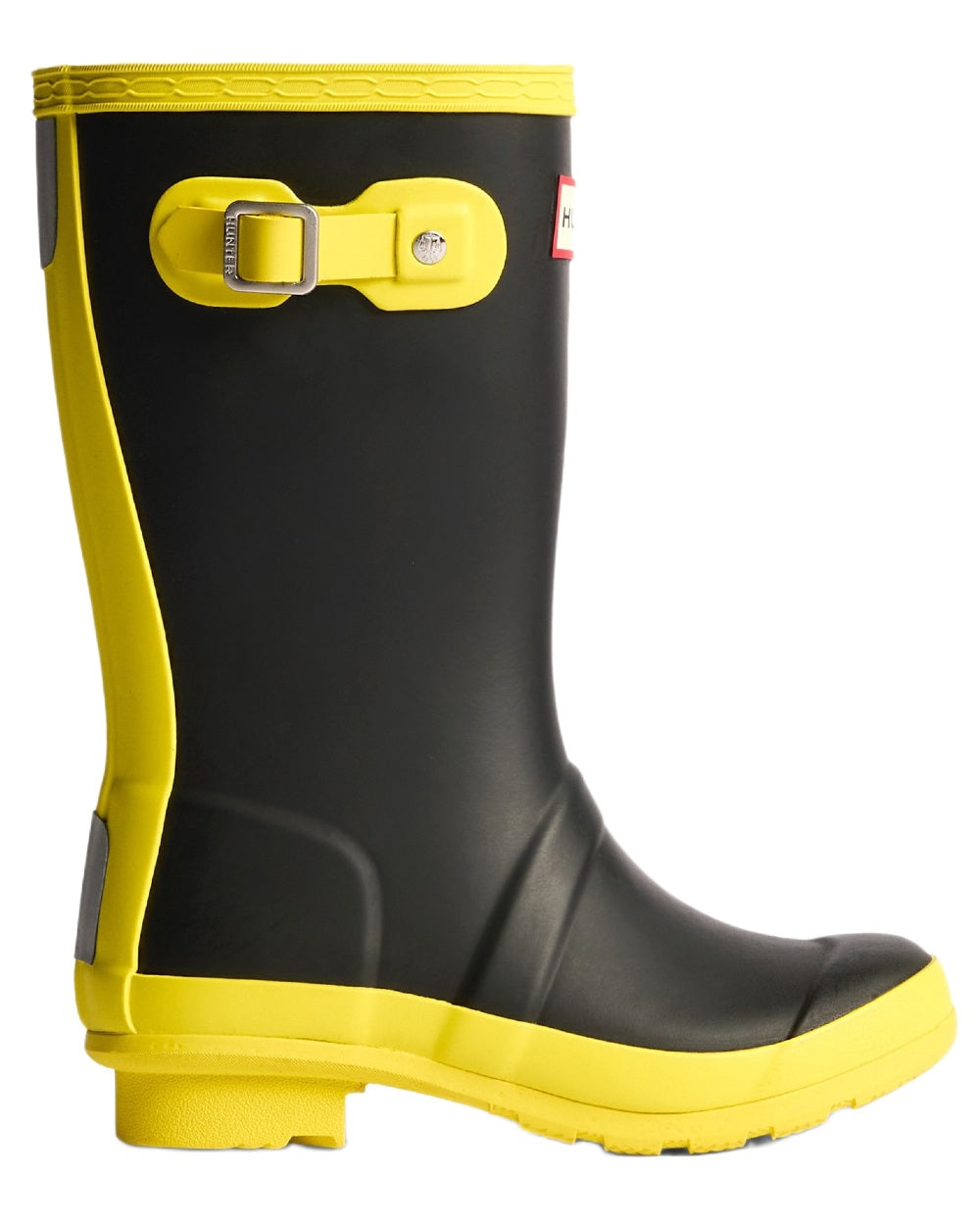 Black Illuminating Yellow coloured Hunter Big Kids Original Wellington Boots on white background 