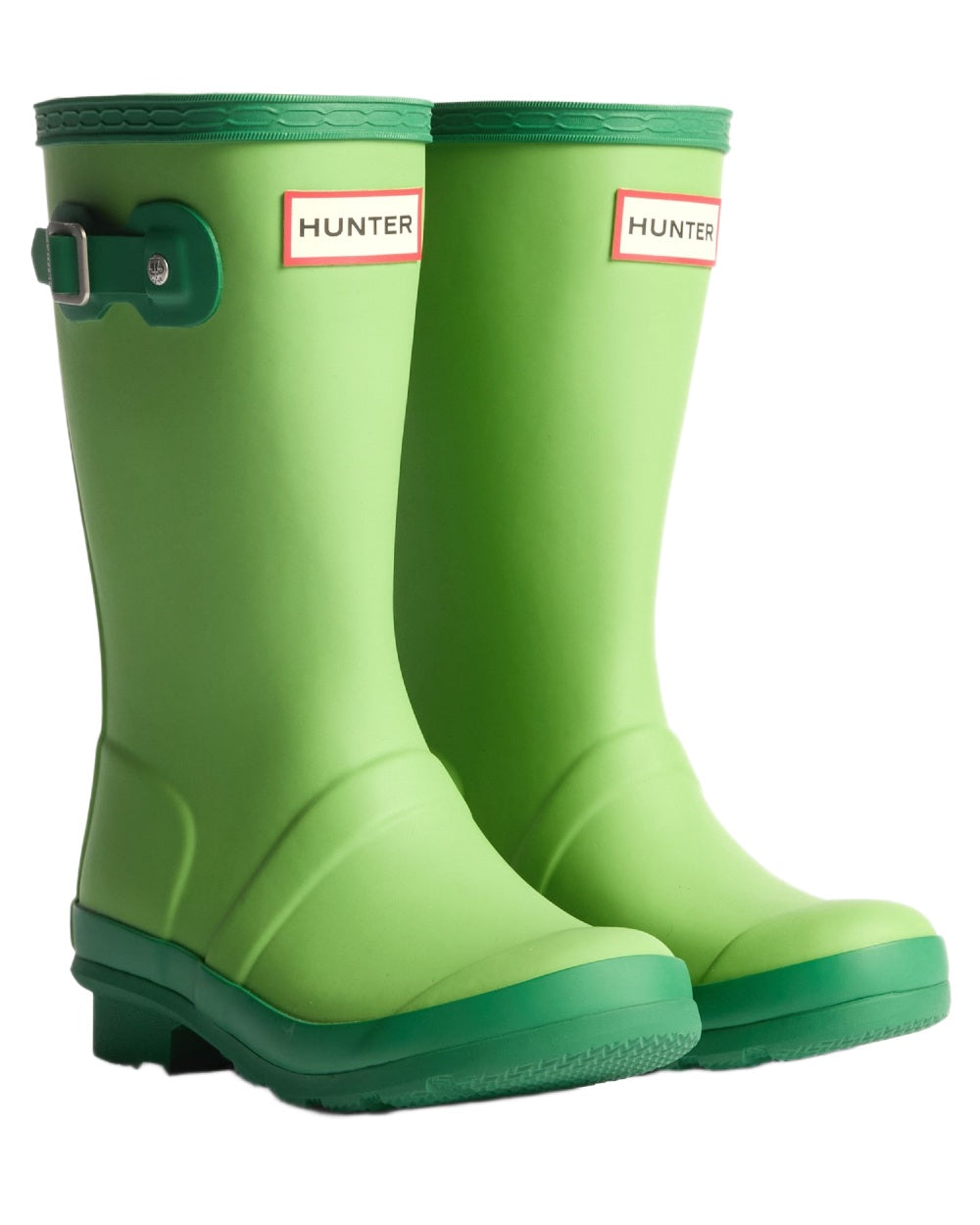 Sea Lettuce Twisting Green coloured Hunter Big Kids Original Wellington Boots on white background 