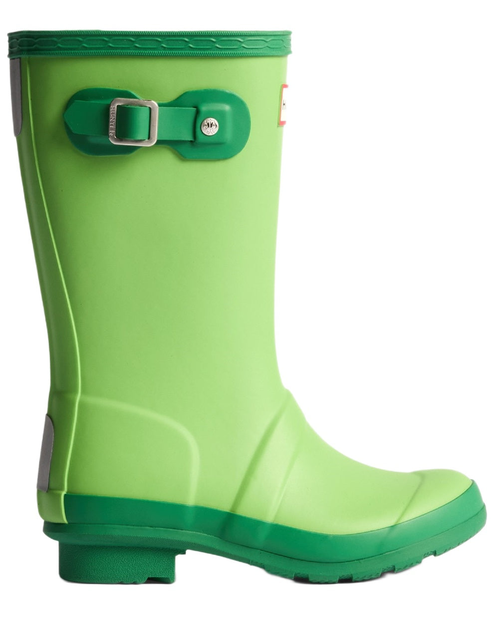 Sea Lettuce Twisting Green coloured Hunter Big Kids Original Wellington Boots on white background 