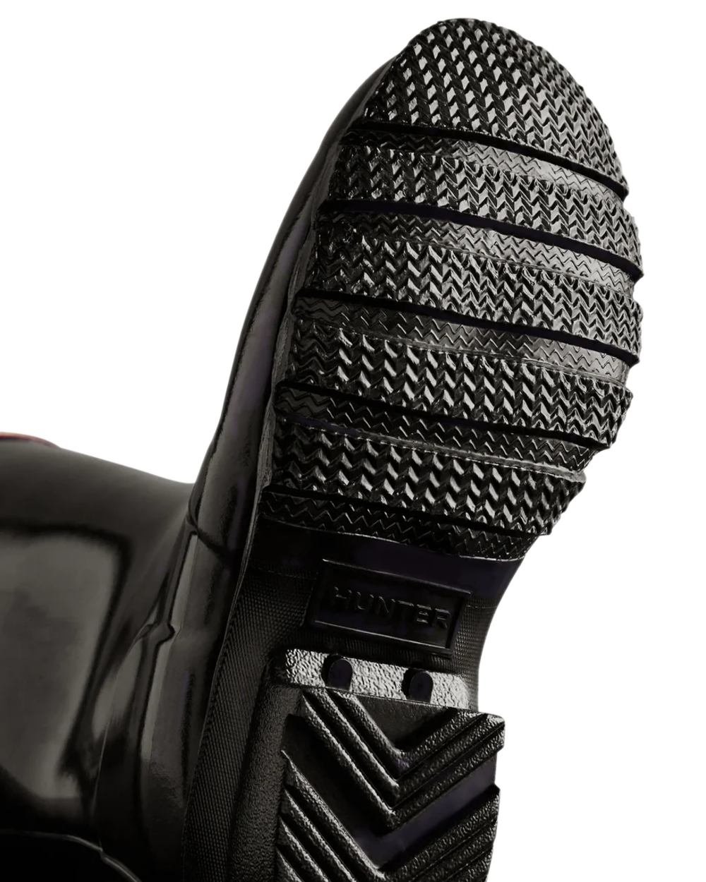 Black Coloured Hunter Childrens Original Gloss Wellington Boots on white background 
