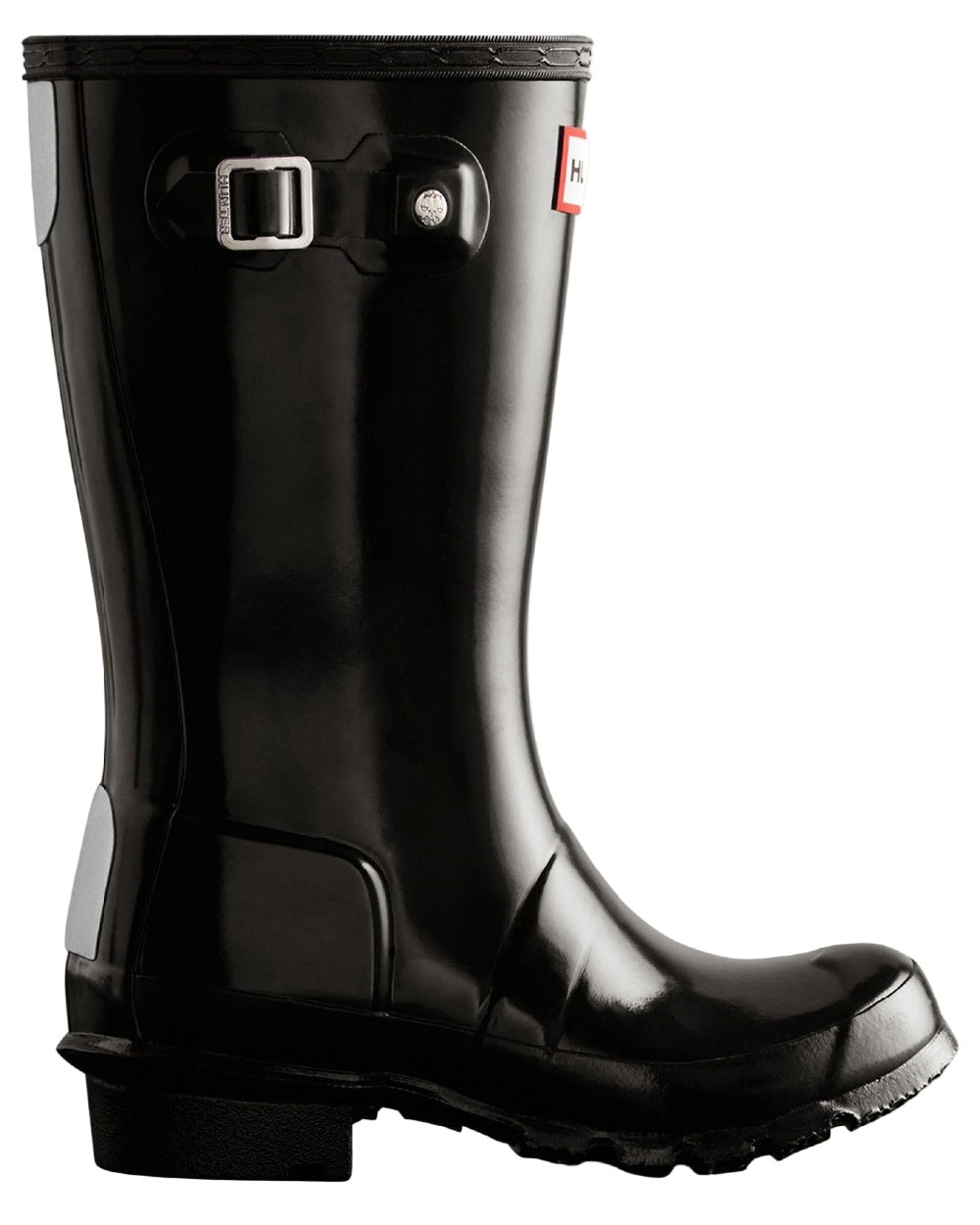 Black Coloured Hunter Childrens Original Gloss Wellington Boots on white background 