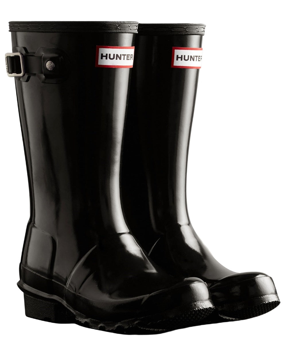Black Coloured Hunter Childrens Original Gloss Wellington Boots on white background 