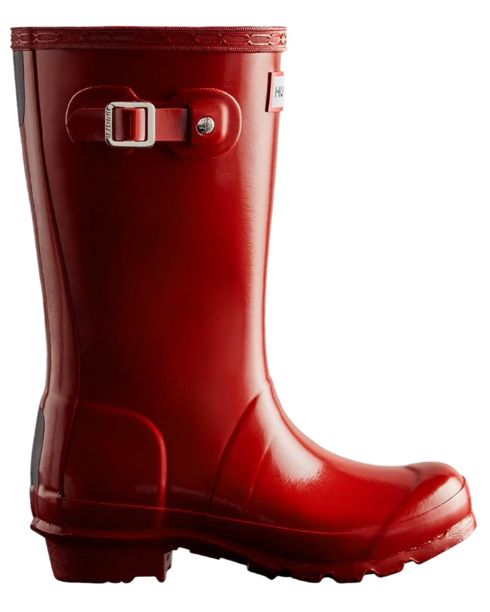 Military Red Coloured Hunter Childrens Original Gloss Wellington Boots on white background 