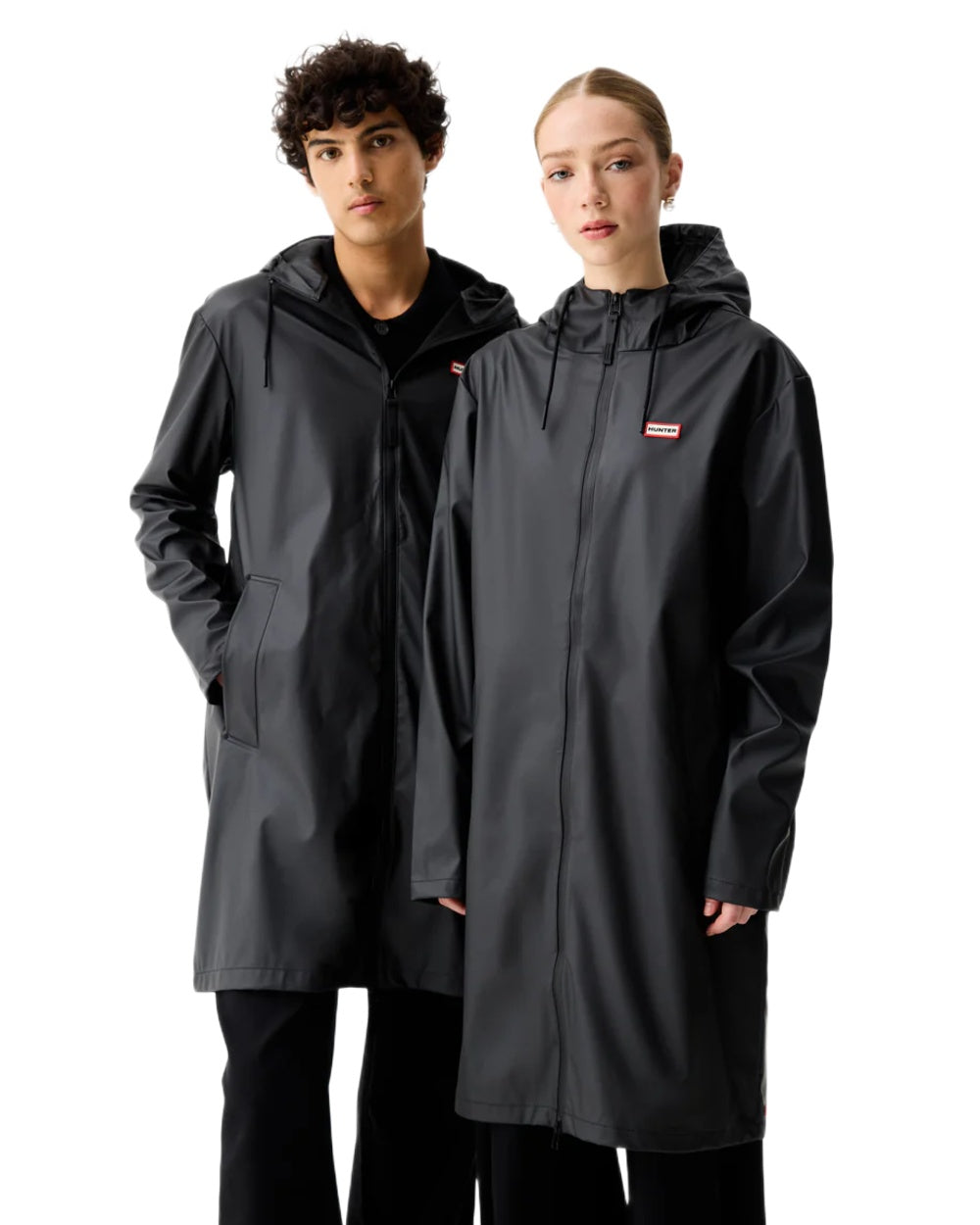 Black coloured Hunter Downpour Andrea PU Rain Coat on white background 
