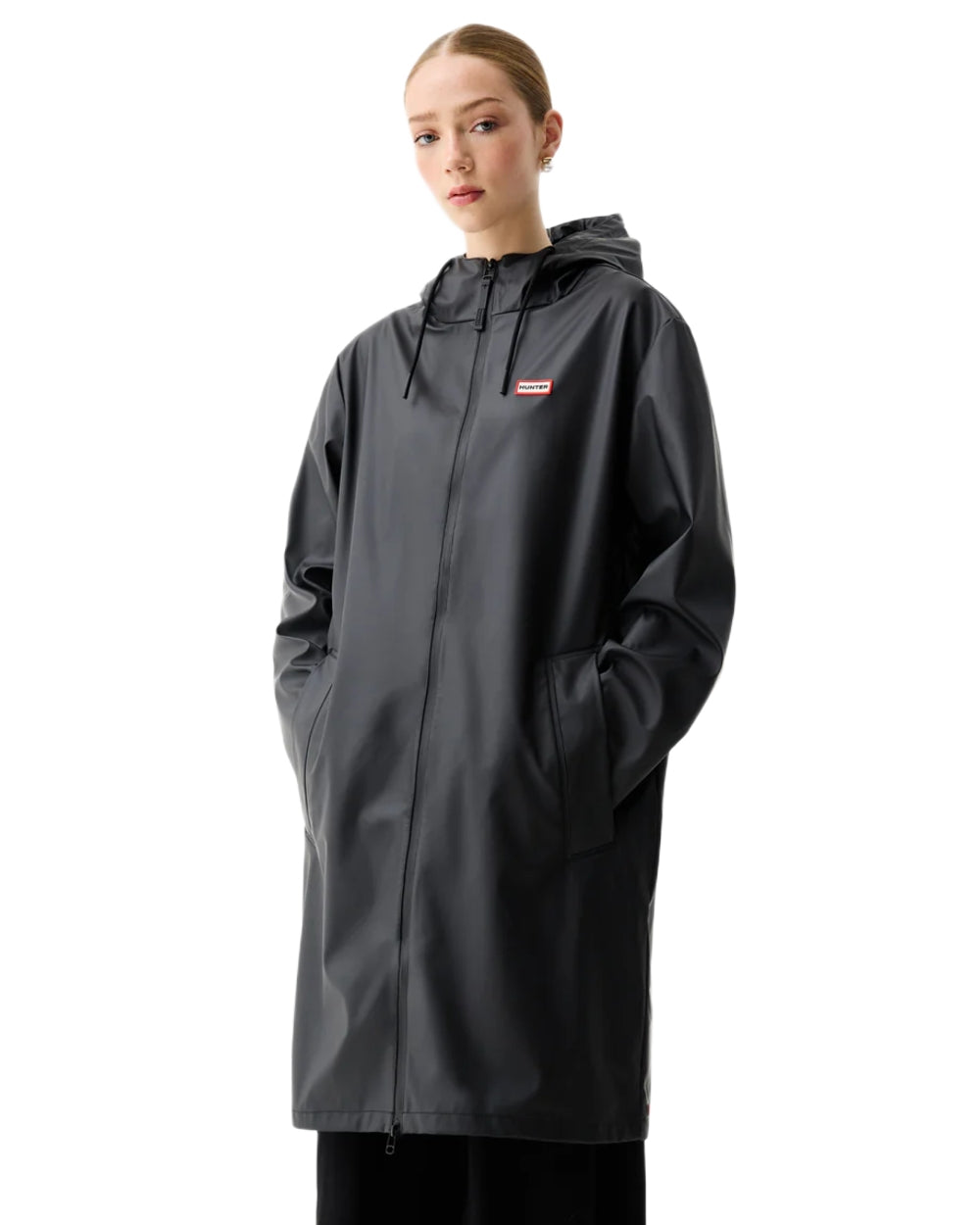 Black coloured Hunter Downpour Andrea PU Rain Coat on white background 