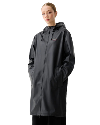Black coloured Hunter Downpour Andrea PU Rain Coat on white background 