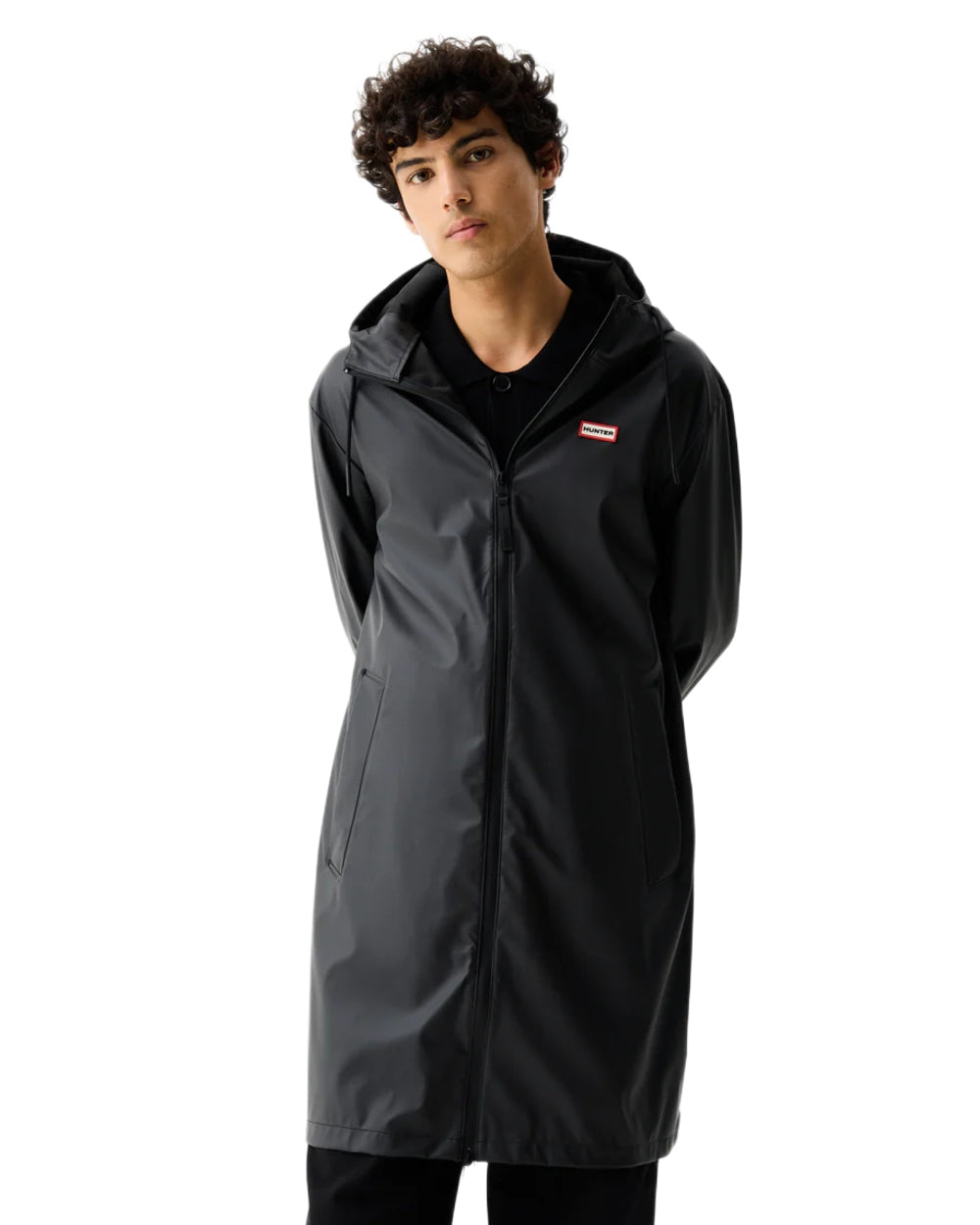 Black coloured Hunter Downpour Andrea PU Rain Coat on white background 