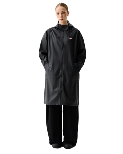 Black coloured Hunter Downpour Andrea PU Rain Coat on white background 