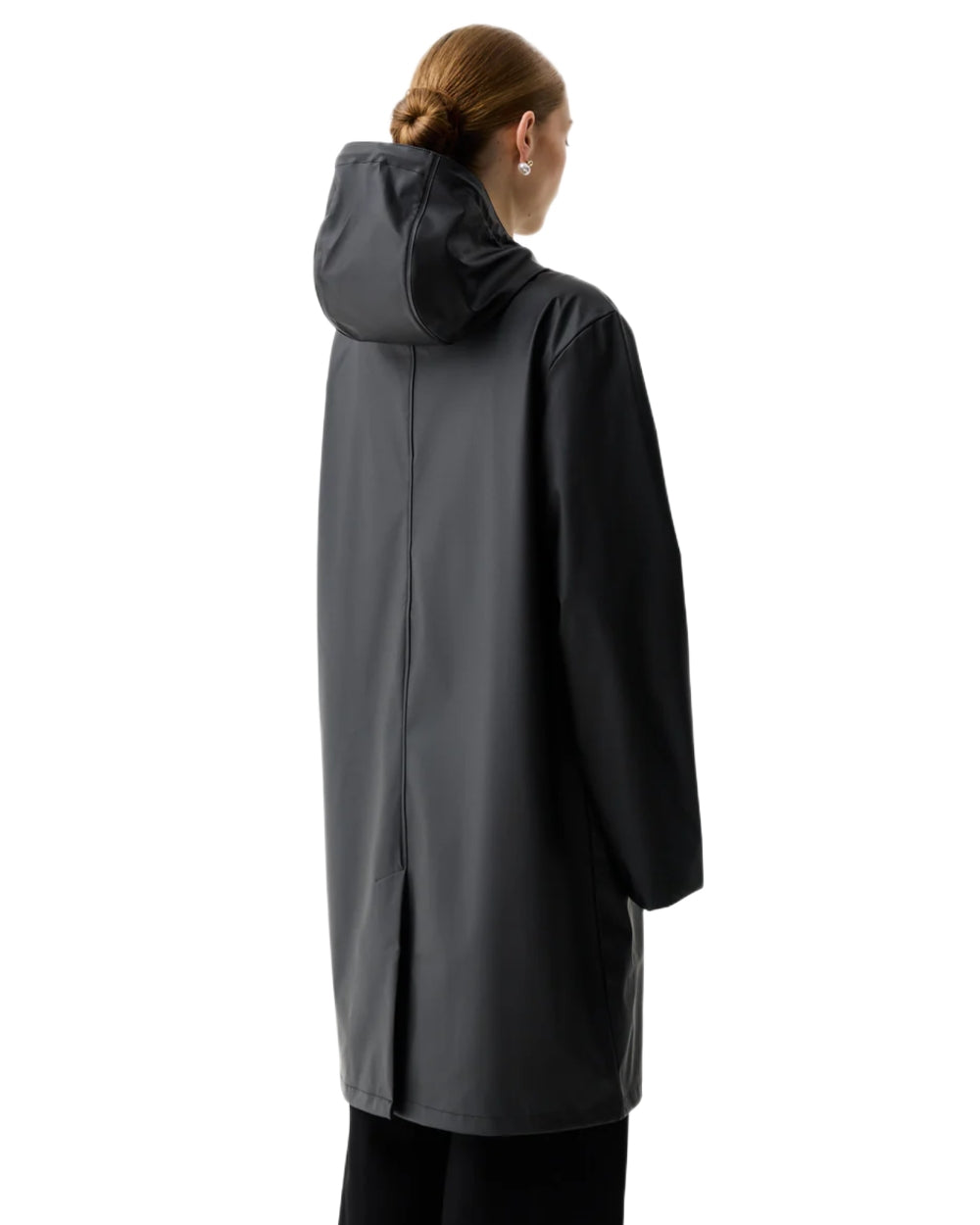 Black coloured Hunter Downpour Andrea PU Rain Coat on white background 