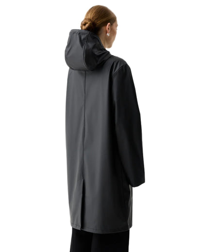 Black coloured Hunter Downpour Andrea PU Rain Coat on white background 