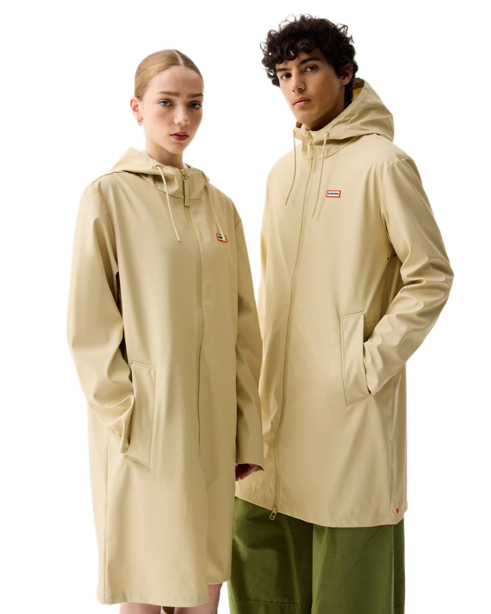 Gravel coloured Hunter Downpour Andrea PU Rain Coat on white background 