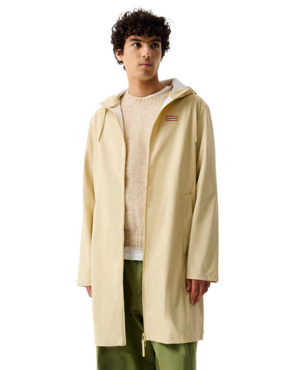 Gravel coloured Hunter Downpour Andrea PU Rain Coat on white background 
