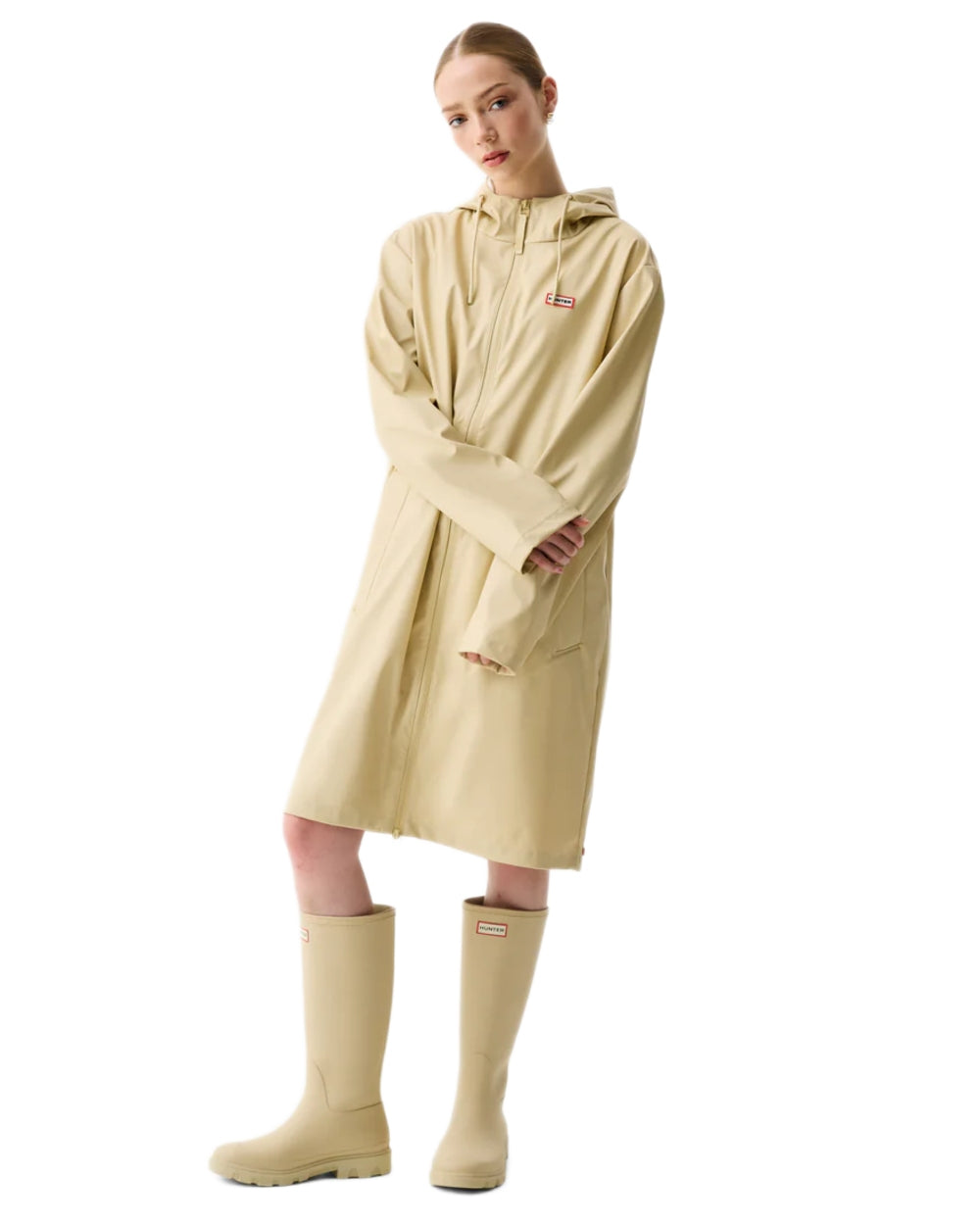 Gravel coloured Hunter Downpour Andrea PU Rain Coat on white background 