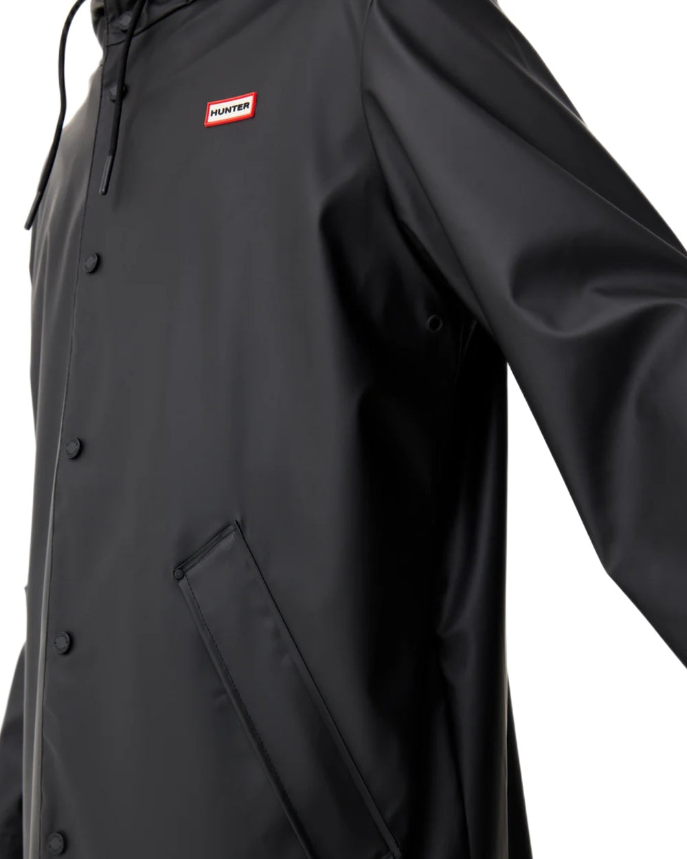 Black coloured Hunter Downpour Jo Pu Rain Parka on white background 