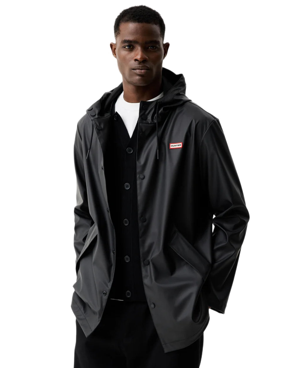 Black coloured Hunter Downpour Jo Pu Rain Parka on white background 