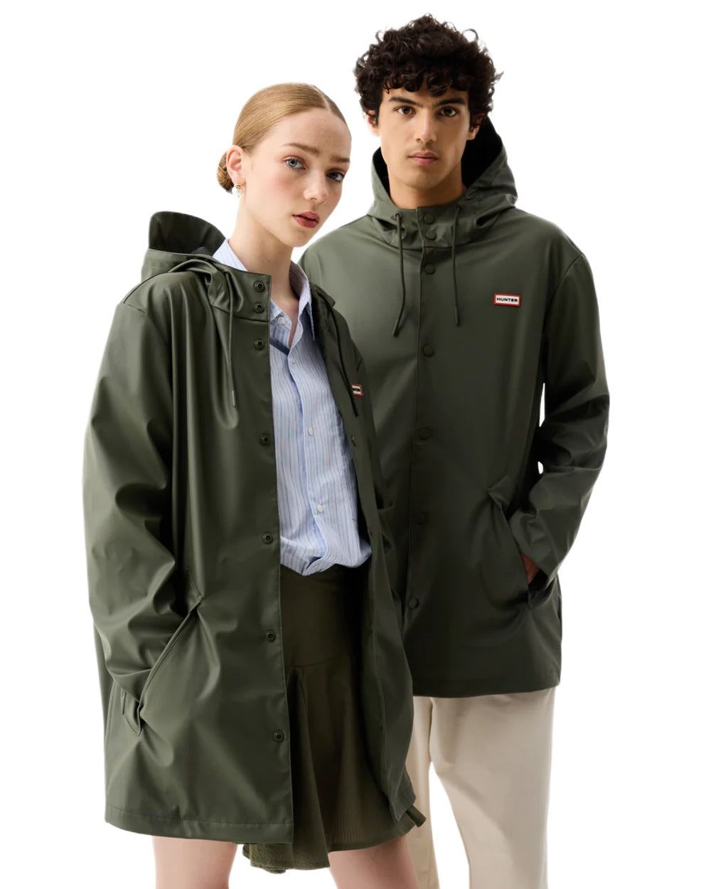 Kambaba Green coloured Hunter Downpour Jo Pu Rain Parka on white background 