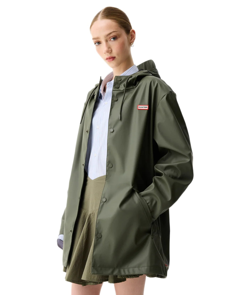 Kambaba Green coloured Hunter Downpour Jo Pu Rain Parka on white background 