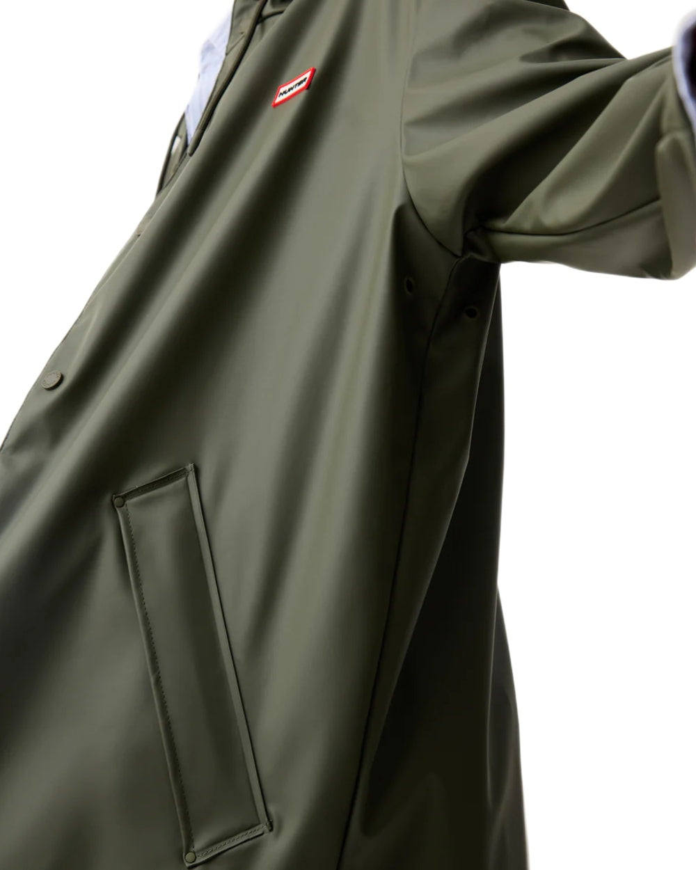 Kambaba Green coloured Hunter Downpour Jo Pu Rain Parka on white background 