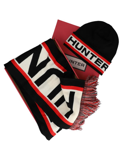 Black coloured Hunter Dunbar Scarf And Beanie Box Set on white background 