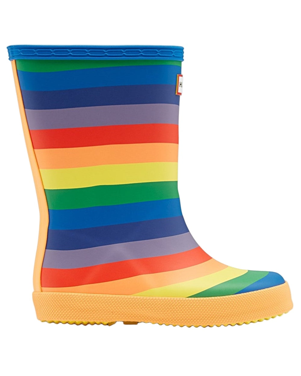 Rainbow Coloured Hunter Kids First Classic Rainbow Print Wellingtons on white background 