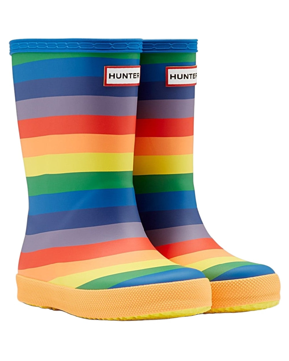 Rainbow Coloured Hunter Kids First Classic Rainbow Print Wellingtons on white background 