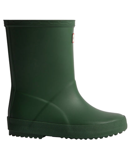 Green Coloured Hunter Kids First Classic Wellingtons on white background 