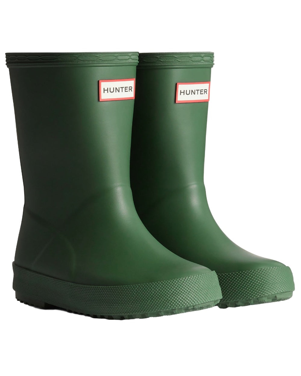 Green Coloured Hunter Kids First Classic Wellingtons on white background 