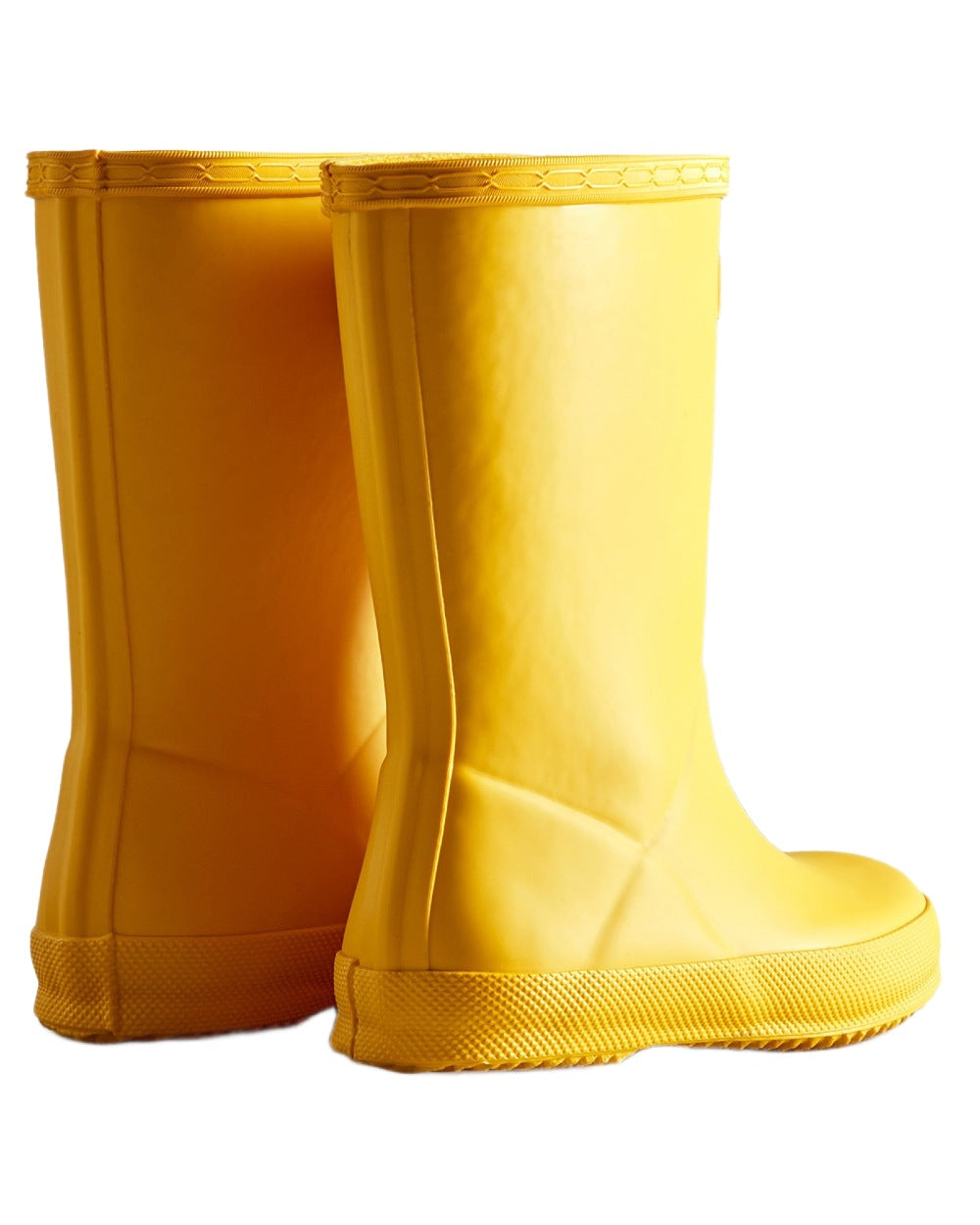 Hunter Yellow coloured Hunter Kids First Classic Wellingtons on white background 