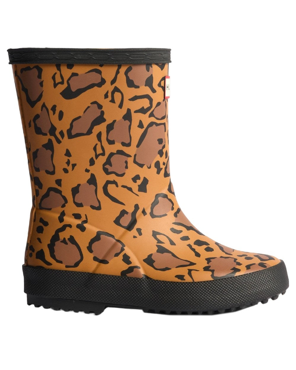 Leopard Print coloured Hunter Kids First Leopard Print Wellington Boots on white background 