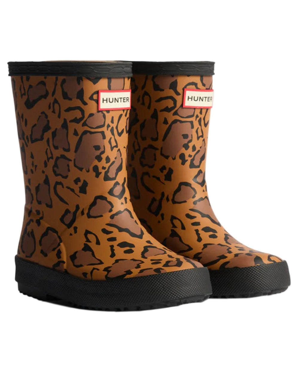 Leopard Print coloured Hunter Kids First Leopard Print Wellington Boots on white background 