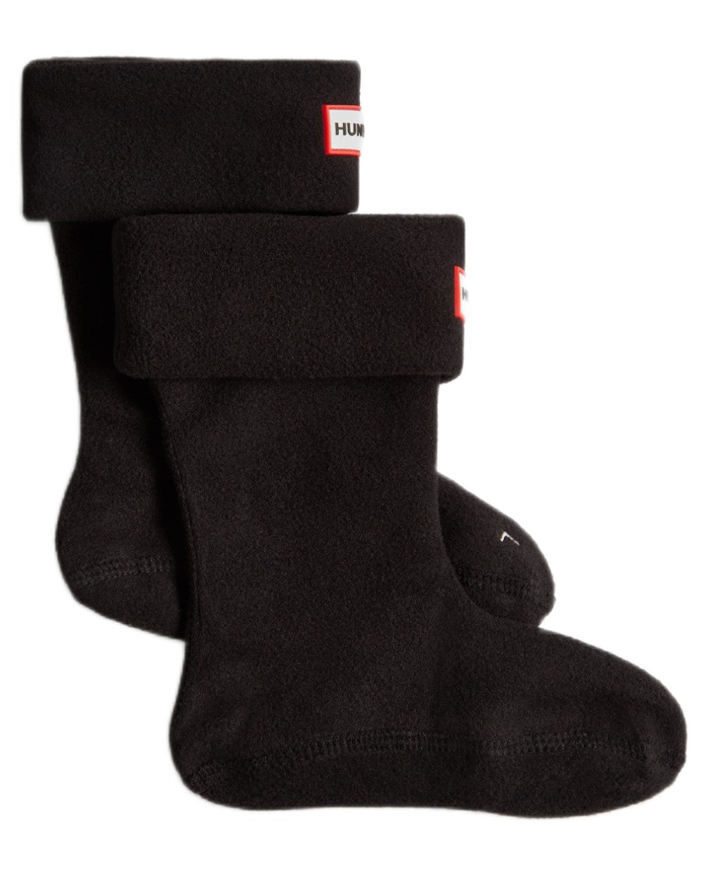 Black coloured Hunter Kids Recycled Fleece Cuff Boot Socks on white background 