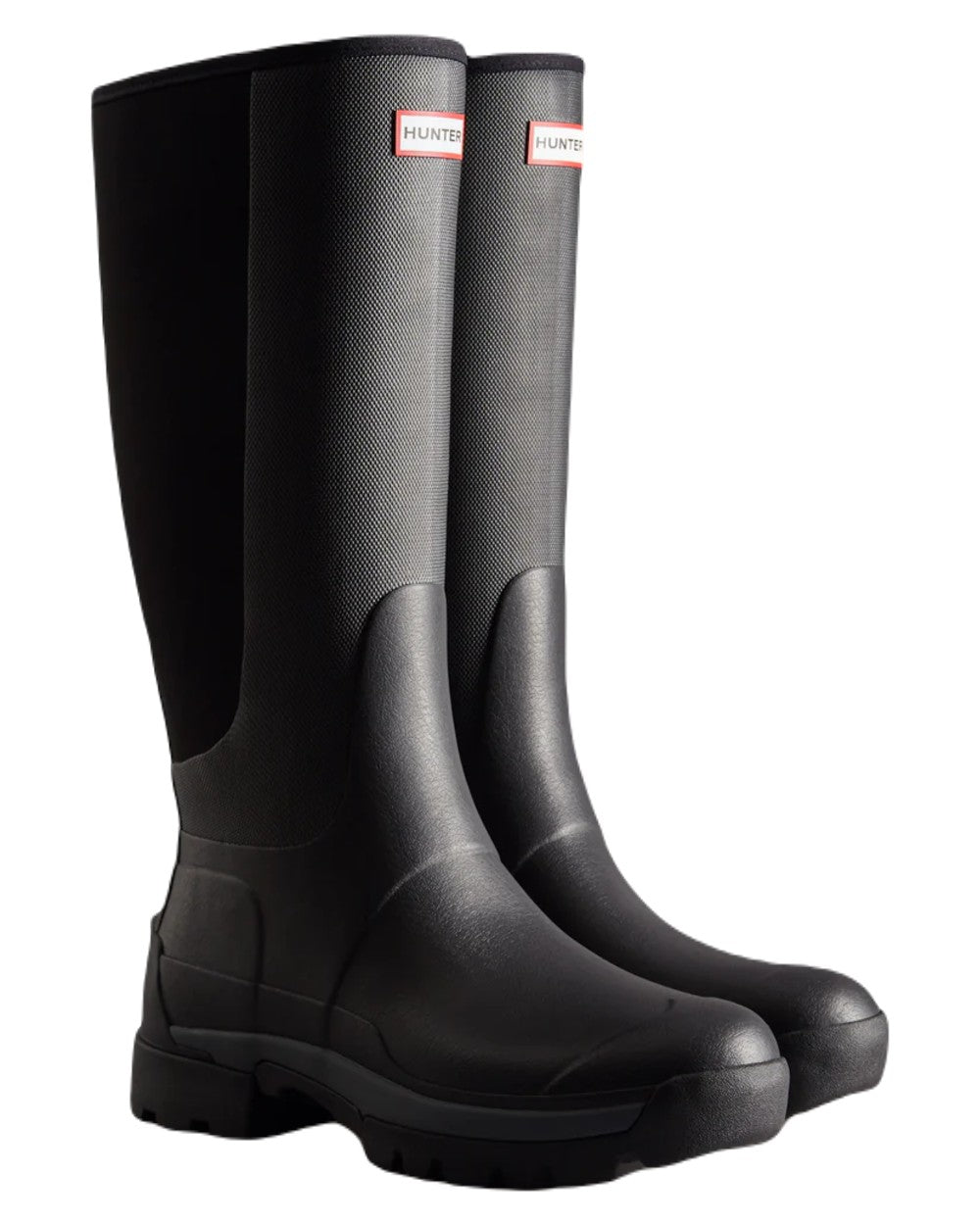 Black coloured Hunter Mens Balmoral Hybrid Tall Wellington Boots on white background 