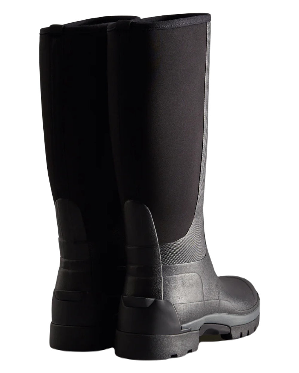 Black coloured Hunter Mens Balmoral Hybrid Tall Wellington Boots on white background 