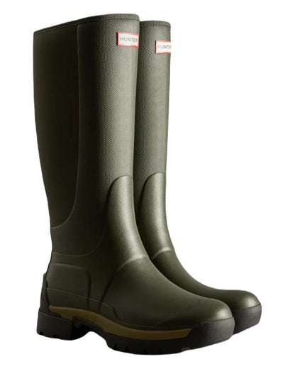 Dark Olive coloured Hunter Mens Balmoral Hybrid Tall Wellington Boots on white background 