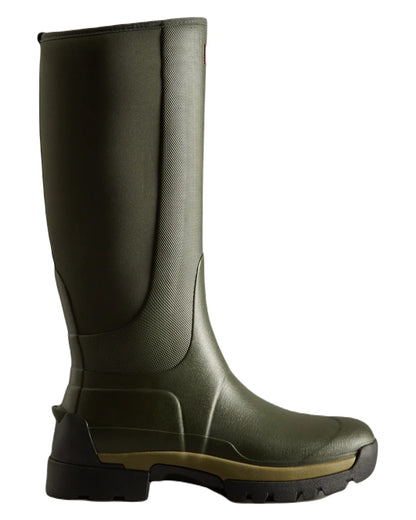 Dark Olive coloured Hunter Mens Balmoral Hybrid Tall Wellington Boots on white background 